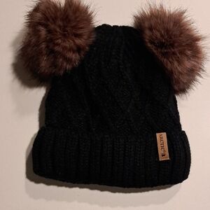 Womens Black Knit Hat with Brown Pom Poms